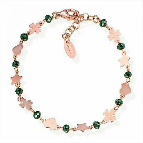 Bracciale Argento 925 Placcato Oro Rosa Con Ciondoli Portafortuna e Cristalli Verdi Amen BRCQSRV